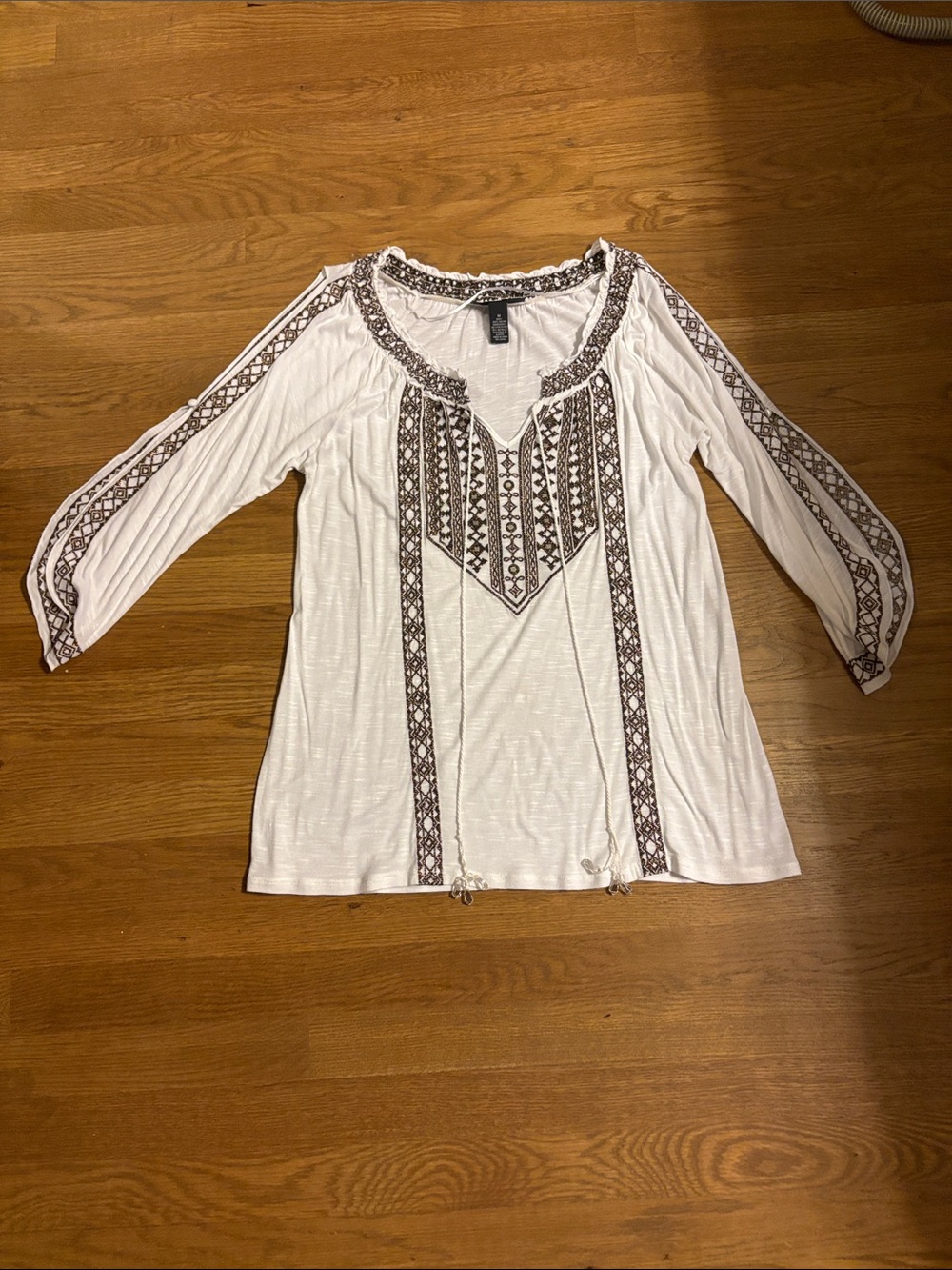 INC International Concepts White Tunic with Brown Embroidered Trim